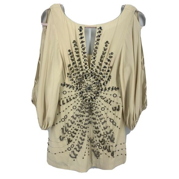 Nanette Lepore Beige Beaded Boho Blouse Size 0 - Picture 4 of 11